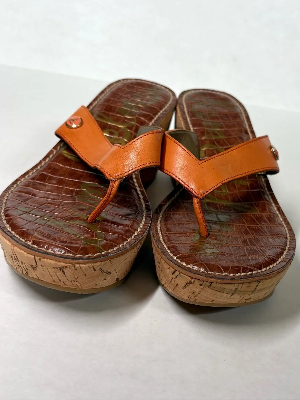 Sam Edelman Romy Croc Print Cork Wedge Thong Sandal US 7.5 Orange